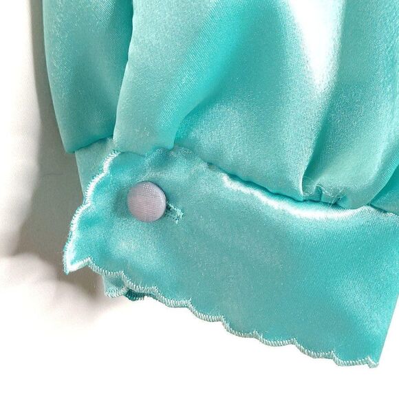 Vintage Satin Blouse Puff Sleeve Sz M Green Embroidered Beaded Scallop Edge Coll - Picture 5 of 5